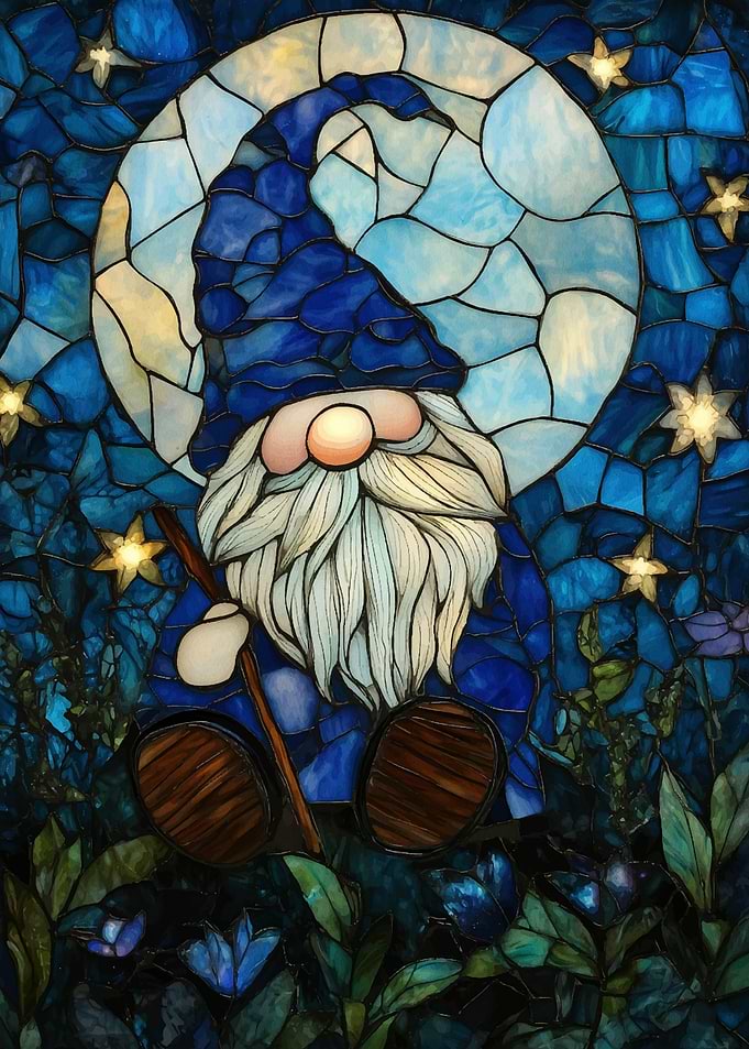 Stained Glass Gnome Under Moon