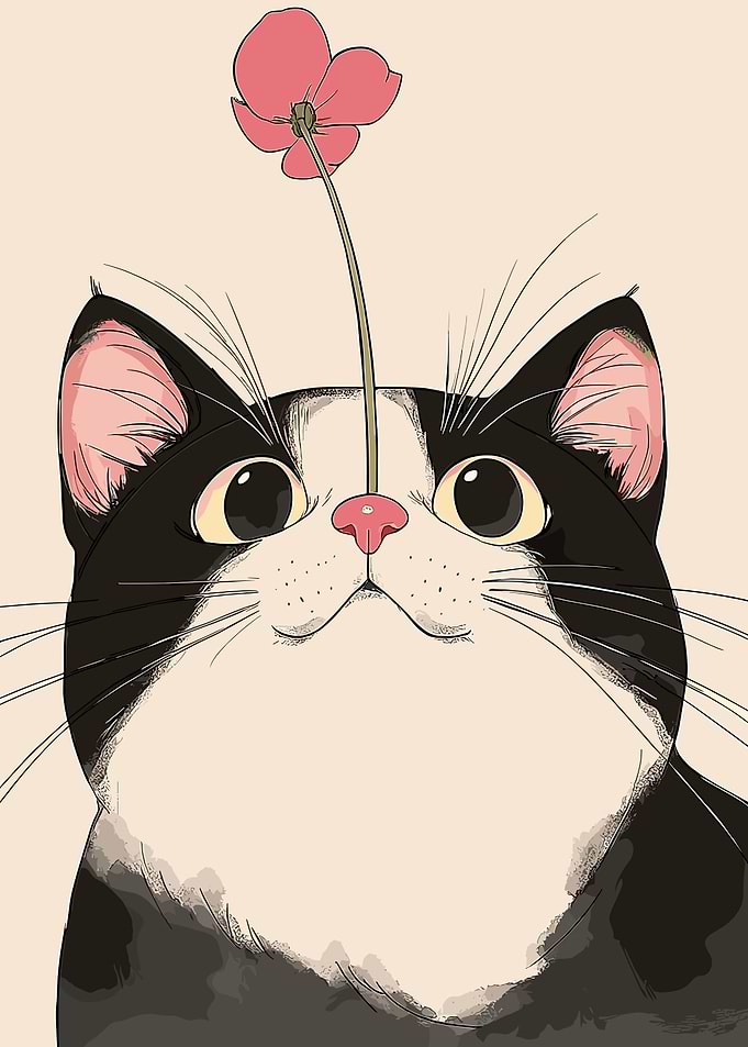 Curious Cat with Flower