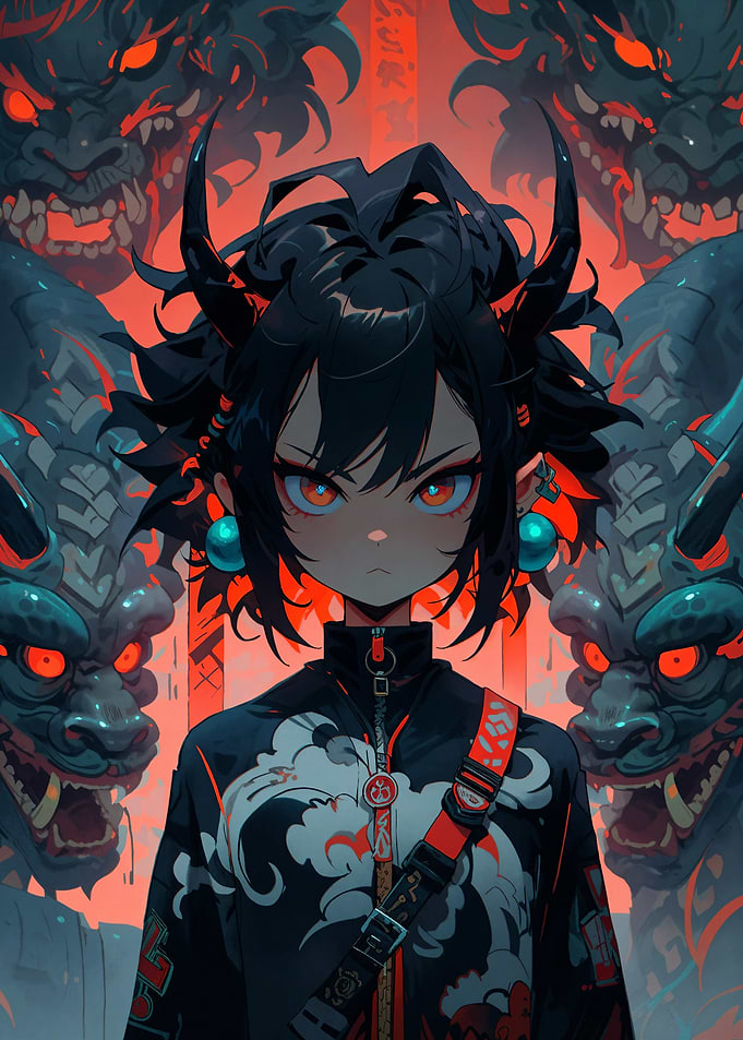 Anime Girl with Demon Masks