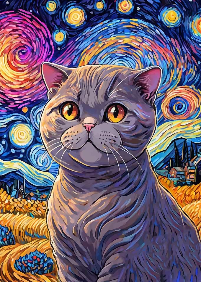 Scottish Fold Cat in Starry Night
