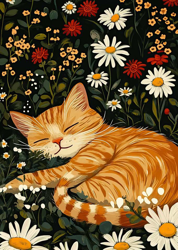 Orange Cat in Flower Field