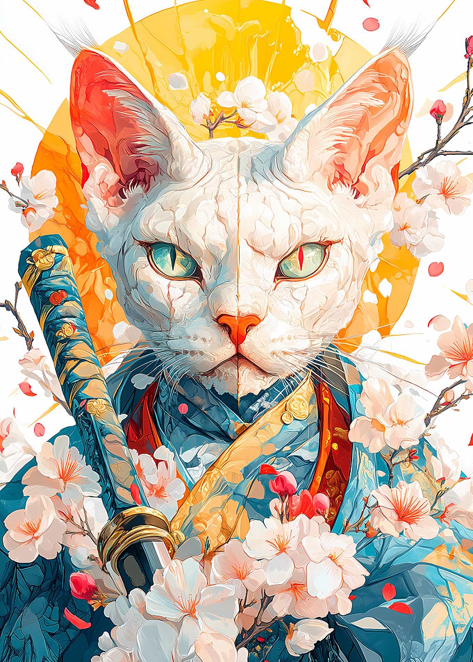 Samurai Devon Rex Cat with Cherry Blossoms