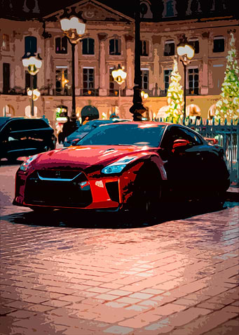 Drawing of a Nissan GTR parked in the streets of Paris