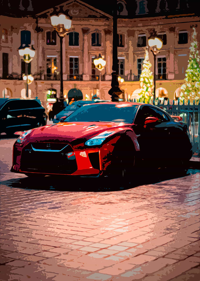 Drawing of a Nissan GTR parked in the streets of Paris