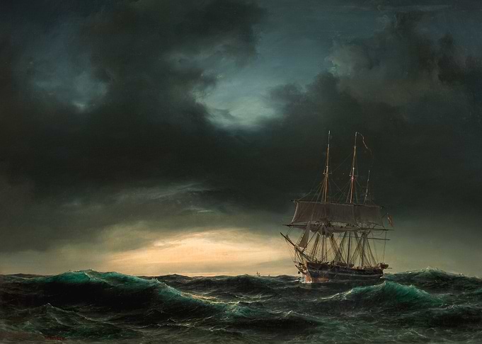 Ship at Sea Under Stormy Sky