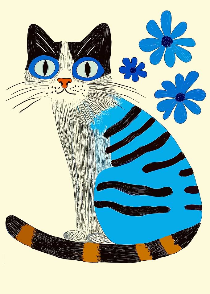 Blue Cat with Flowers