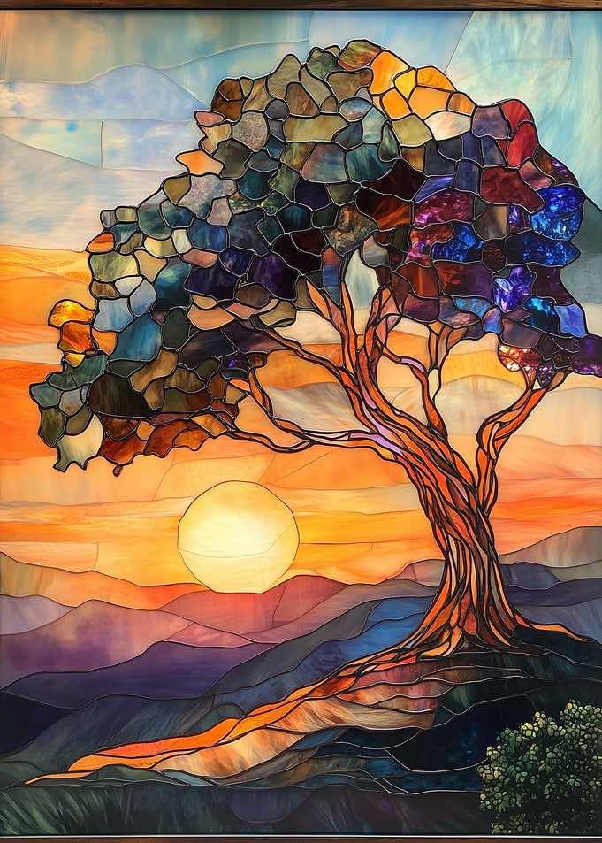 Stained Glass Sunset Tree
