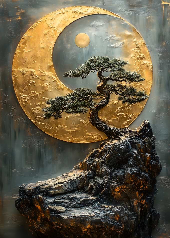 Bonsai Tree and Moon Japanese Landscape