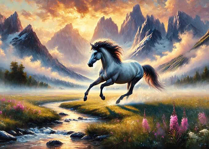 Horse Running Through Mountains