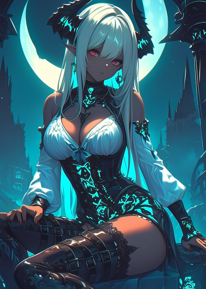 White-Haired Demon Anime Girl Gaming