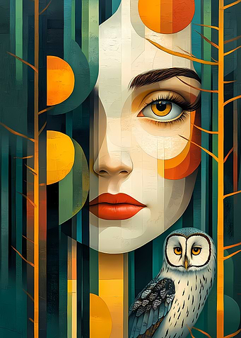 Woman and Owl in Forest