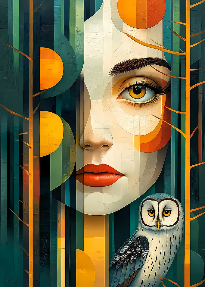 Woman and Owl in Forest