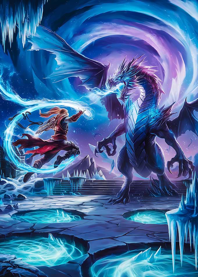 Icy Showdown: Dragon and Mage Battle
