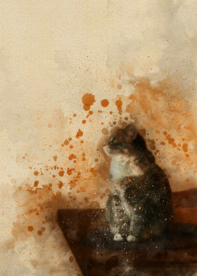 adorable cat sitting on a table watercolor painting