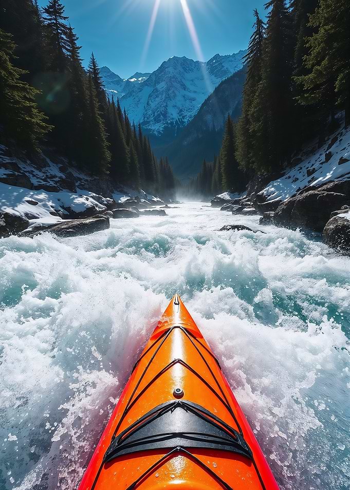Kayaking Through Mountain Rapids on a Sunny Day