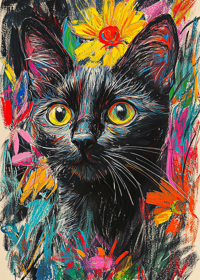 Black Cat in Flowers