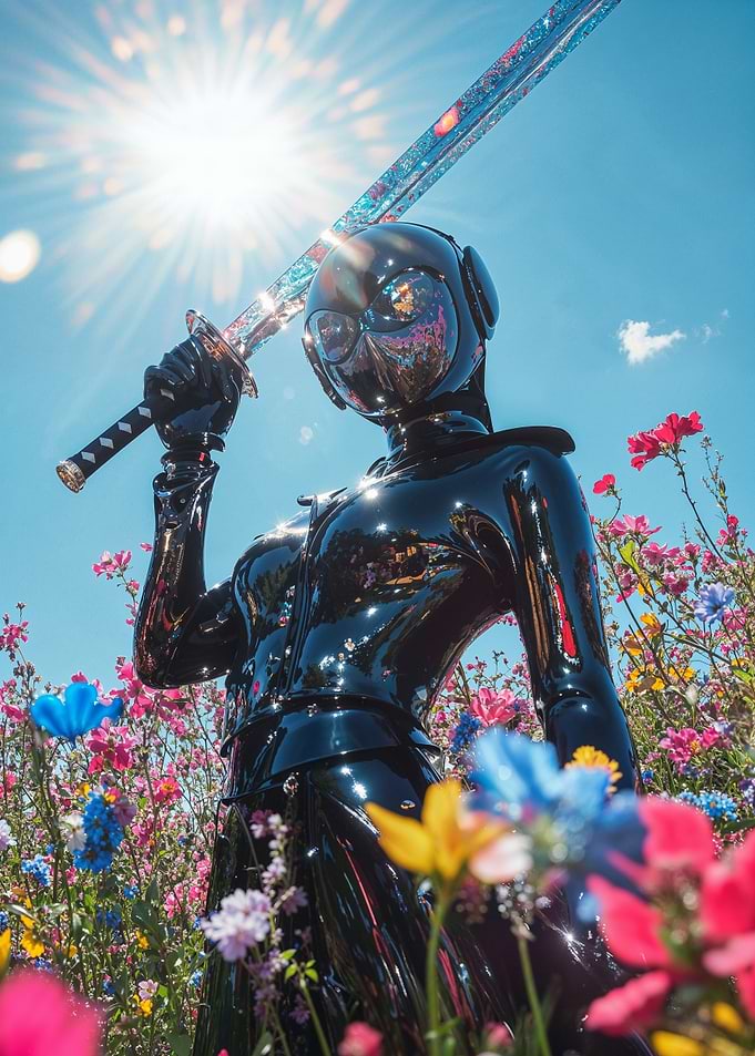 Black Latex Warrior in Flower Field