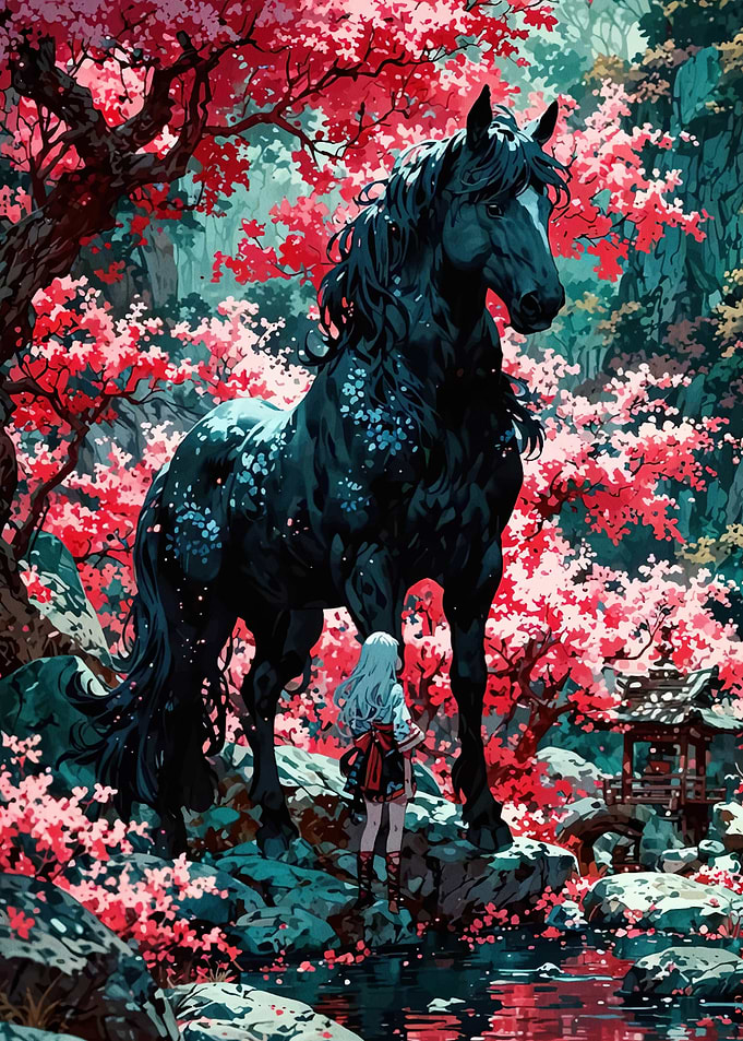 Black Horse and Girl in Cherry Blossoms
