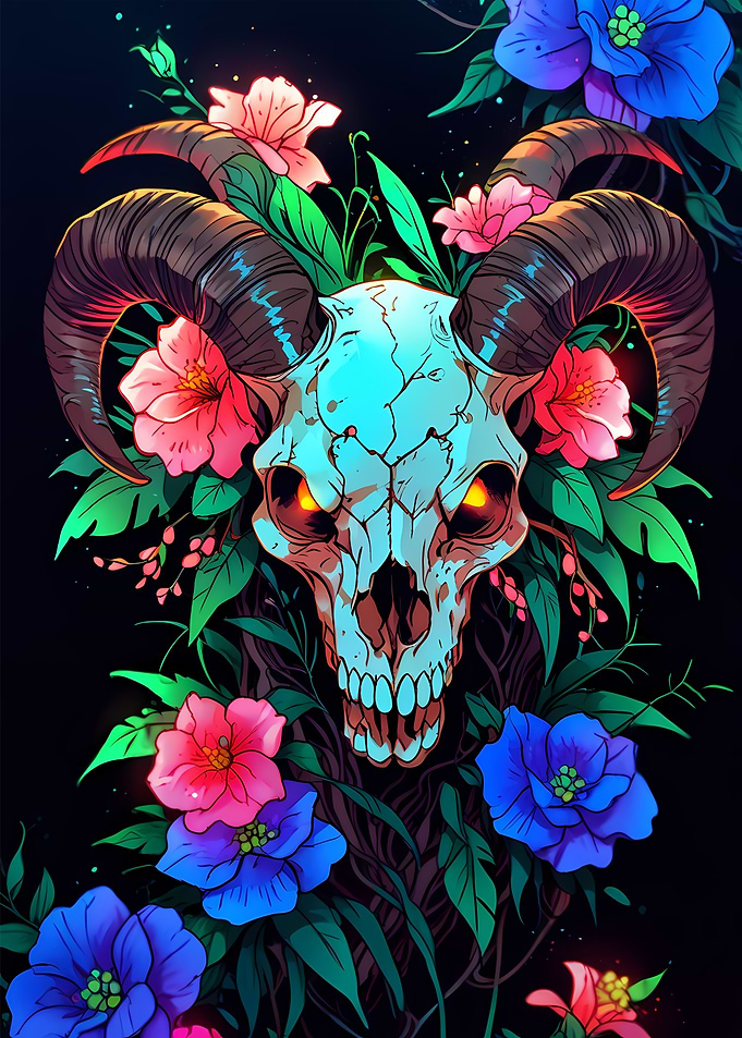 Floral Skull with Horns