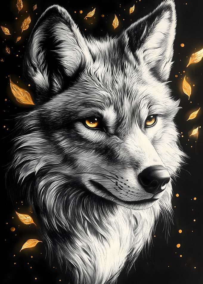 Wolf with Golden Leaves Animal