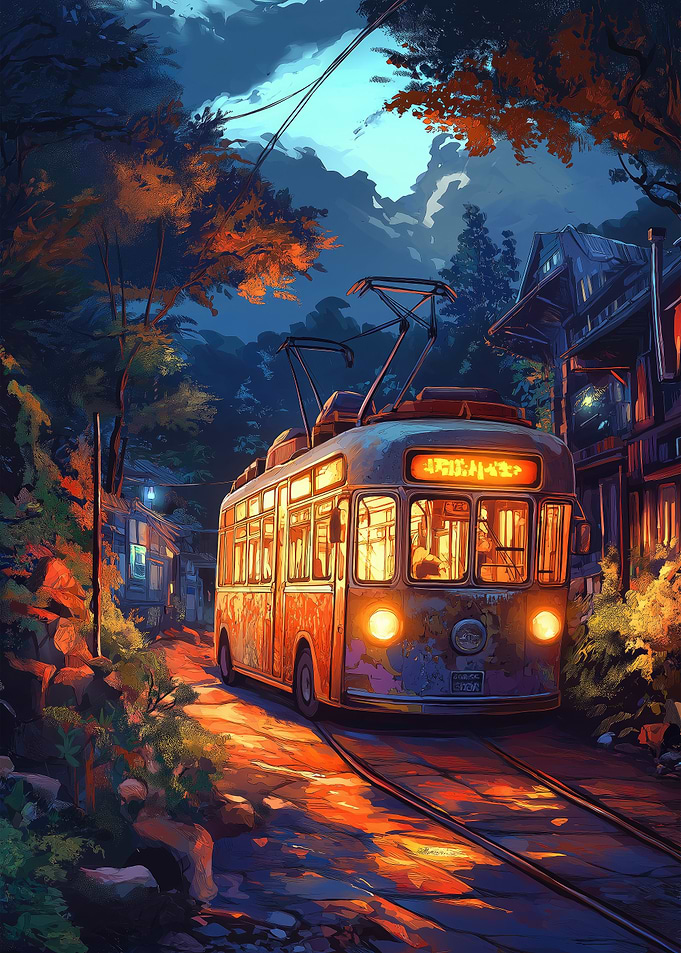Night Tram in a Japanese Town