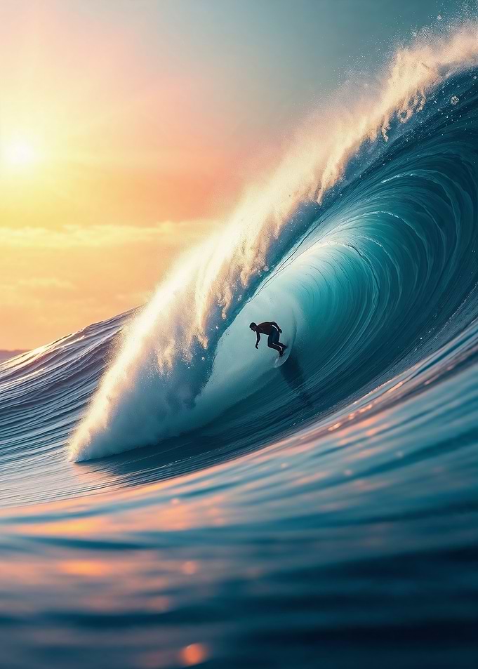 Surfer Riding Giant Barrel Wave