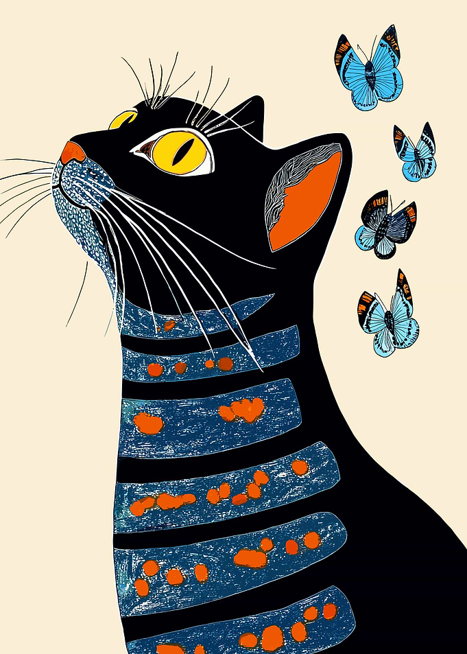Black Cat with Butterflies