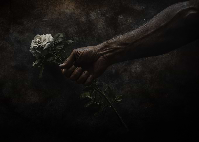 Male Hand Holding White Rose