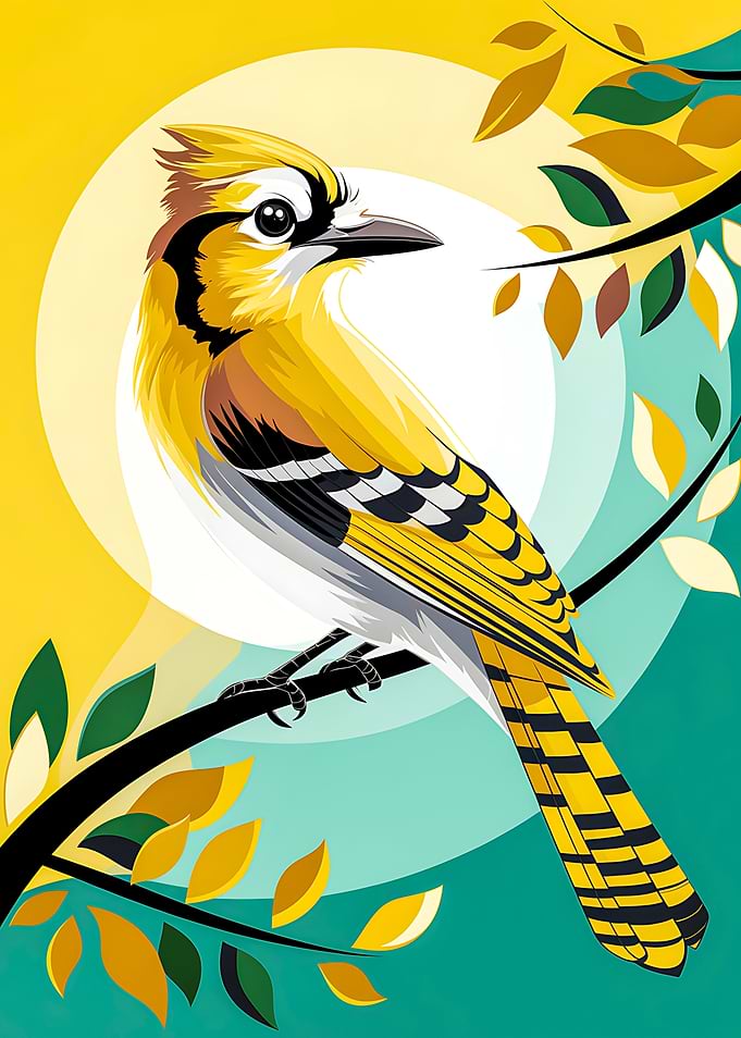 Golden Yellow Sunrise Jay Bird on Branch