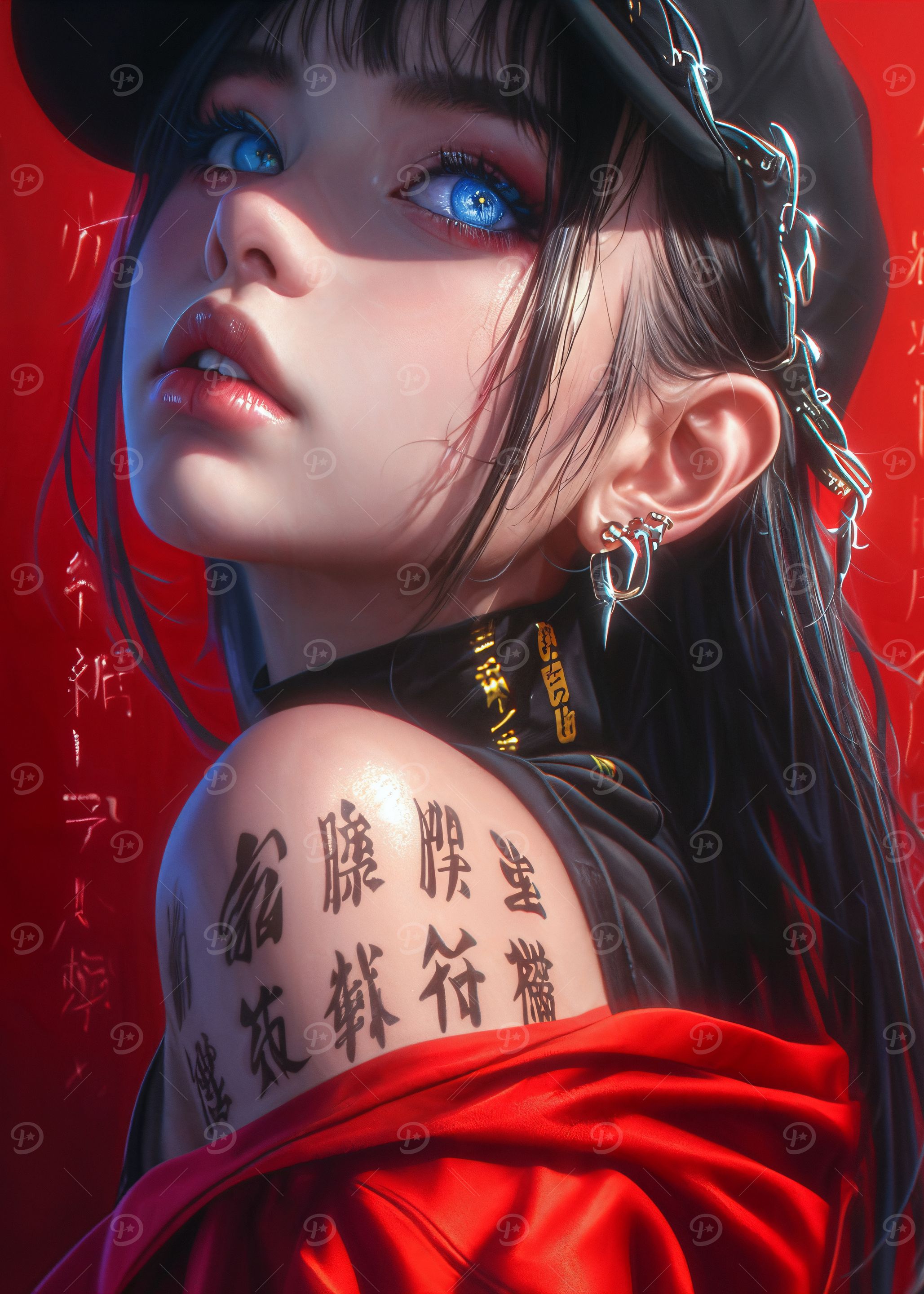 Cute Girl with Tattoo in Japanese Streetwear