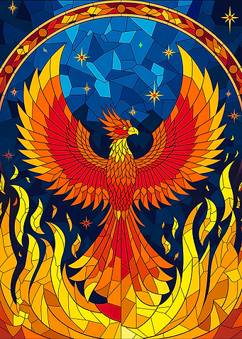 Phoenix Rising from Flames Stained Glass