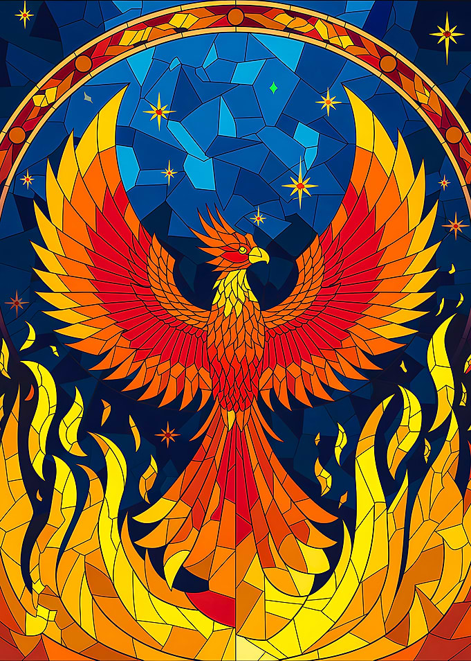 Phoenix Rising from Flames Stained Glass