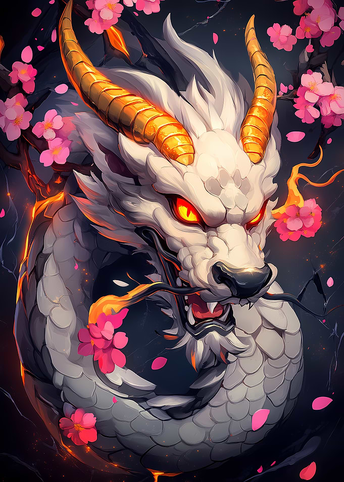 White Dragon with Cherry Blossoms