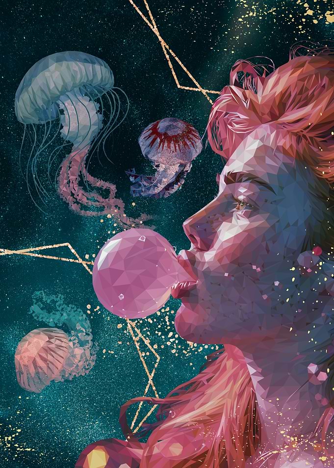 Woman Blowing Bubble with Jellyfish
