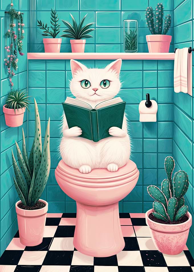 Cat Reading in Bathroom