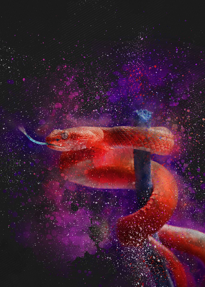 Red Snake wrapped on a stick watercolor painting