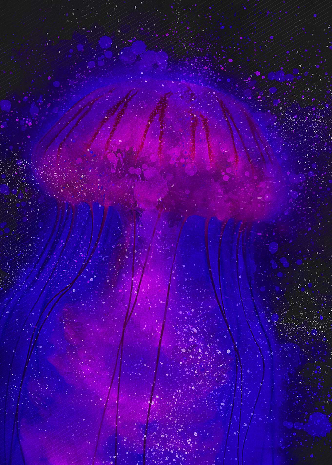 illuminating jellyfish in deep dark ocean watercolor painting