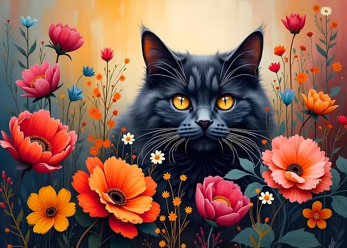 Black Cat in Flowers