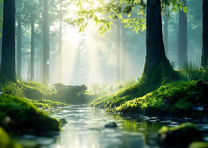 Sunlit Green Moss Forest Stream