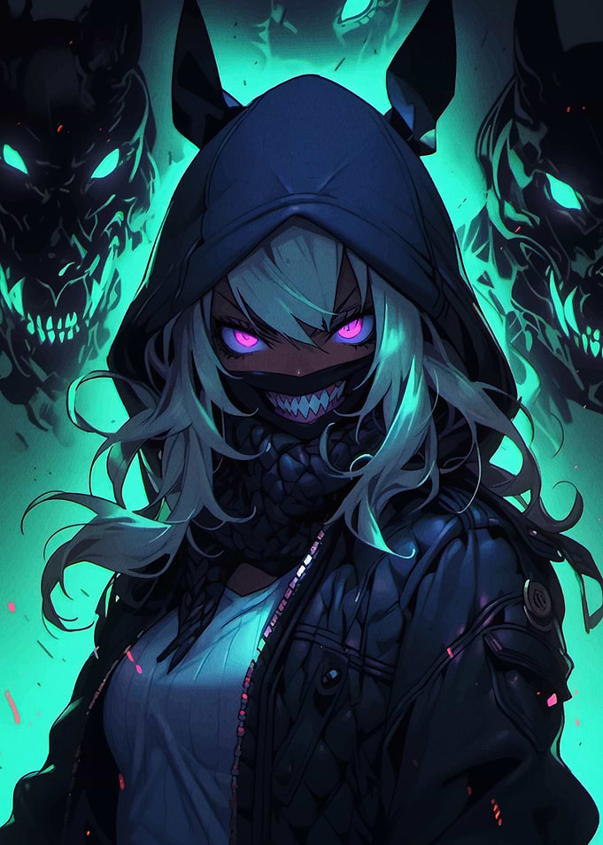 Anime Girl with Demon Masks