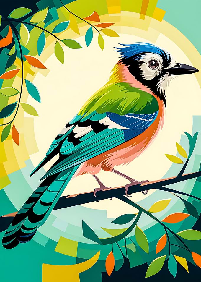 Colorful Emerald Forest Jay Bird on Branch