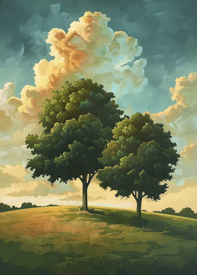Rustic Two Trees and Clouds