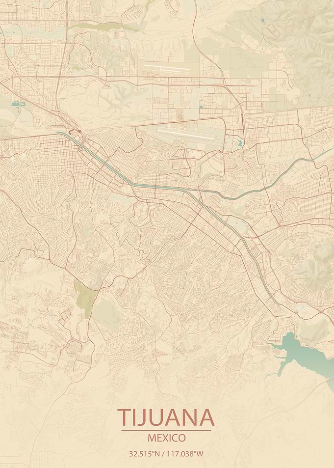 Tijuana Mexico Vintage Style City Map