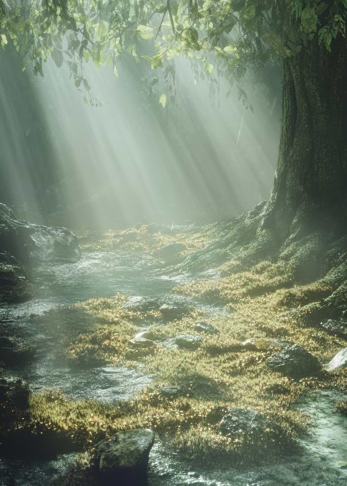 Sunbeams in Forest Stream