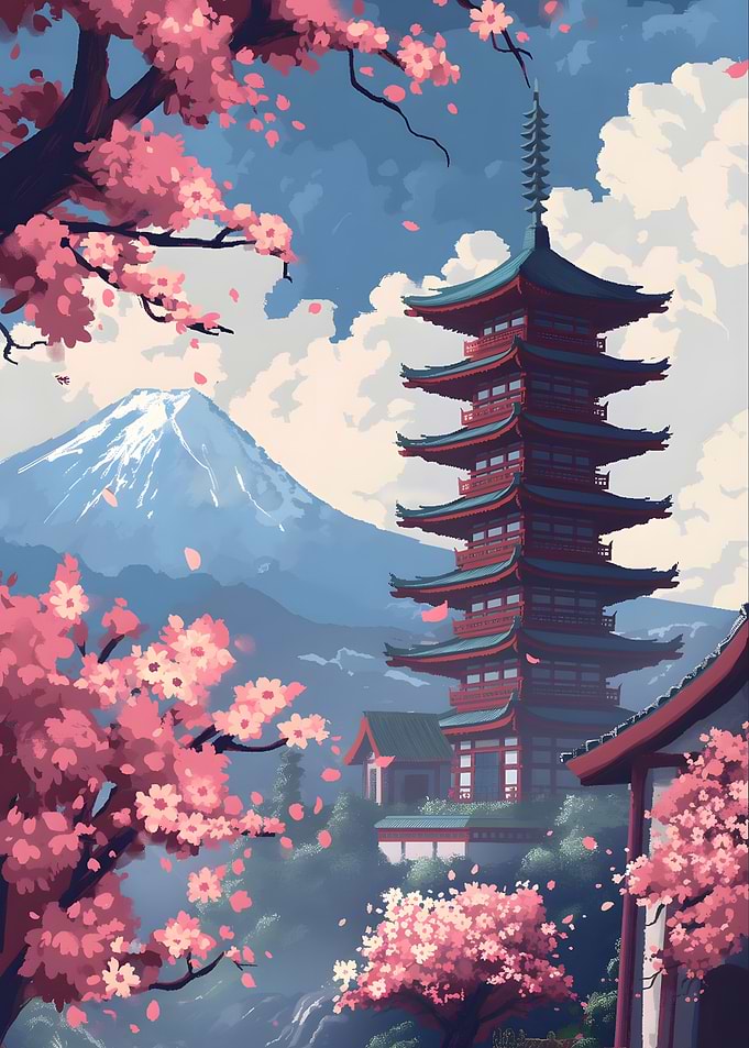 Japanese Pagoda and Cherry Blossoms
