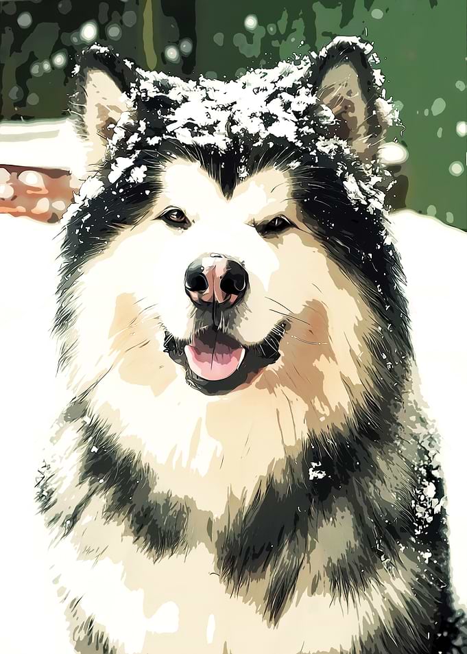 Smiling Alaskan Malamute in Snow