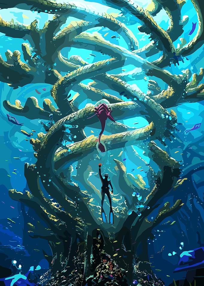 Underwater Diver and Coral