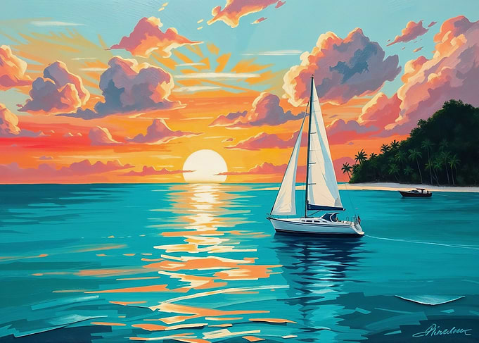 Serene Pastel Sunset Sailboat Painting