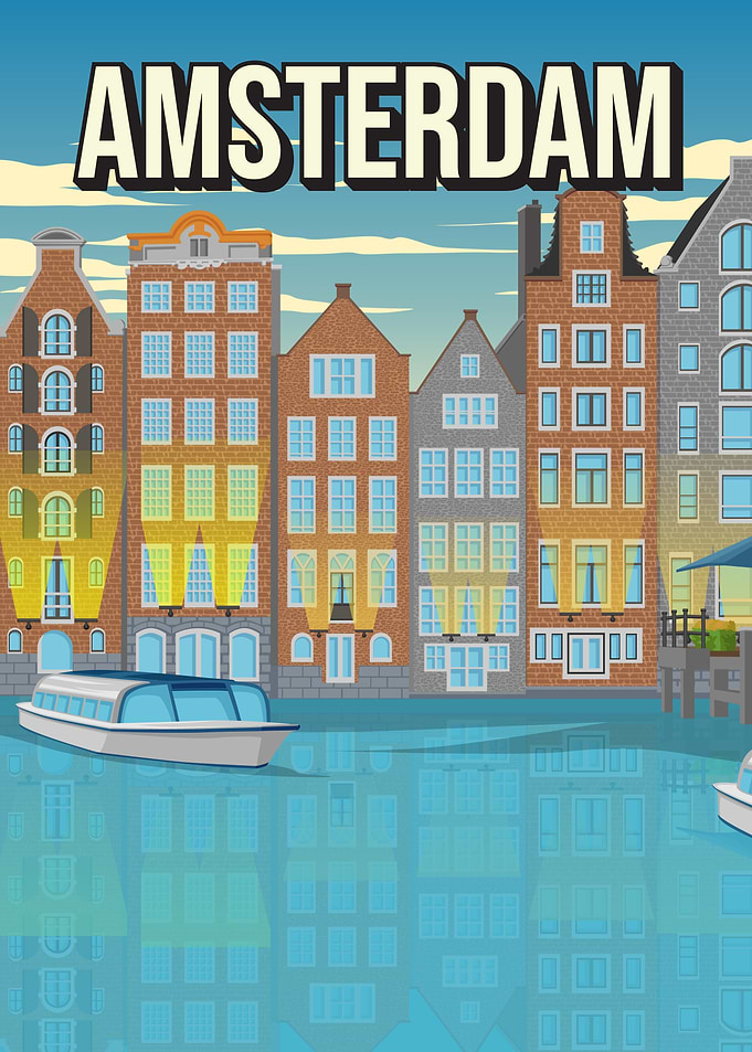 Amsterdam Canal Scene City Skyline Travel Art