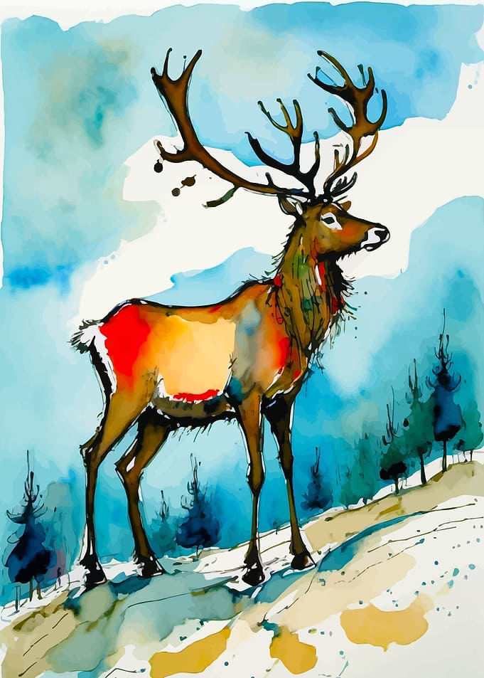 Watercolor Reindeer in Winter